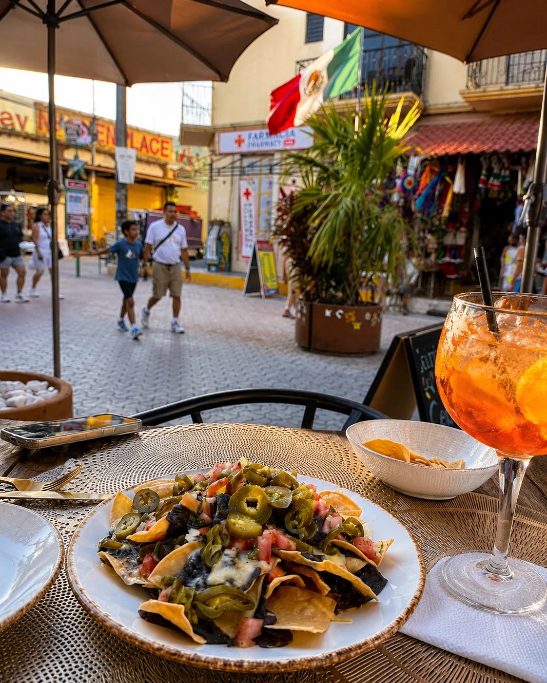 Nachos and cocktail on the patio at Celtic Cactus Playa del Carmen