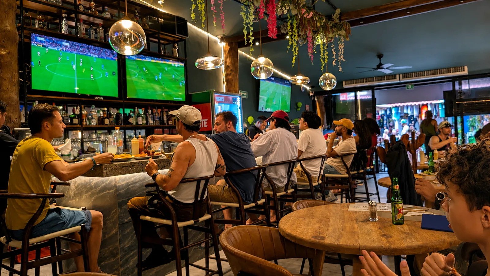 Inside Celtic Cactus Sports Bar with live games on big screens in Playa del Carmen
